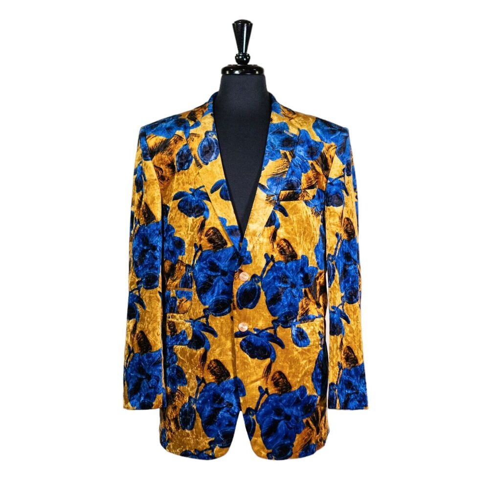 Mens Blazer Yellow Blue Floral Velvet Luxury Formal Party Jacket Sport Coat 42R
